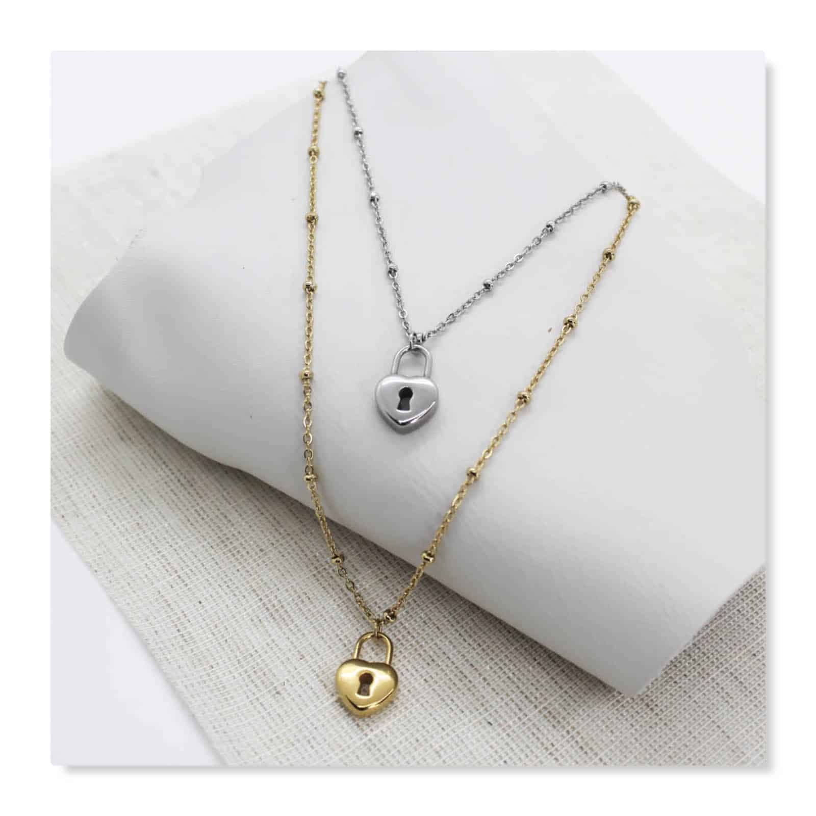 Collier argenté doré coeur cadenas