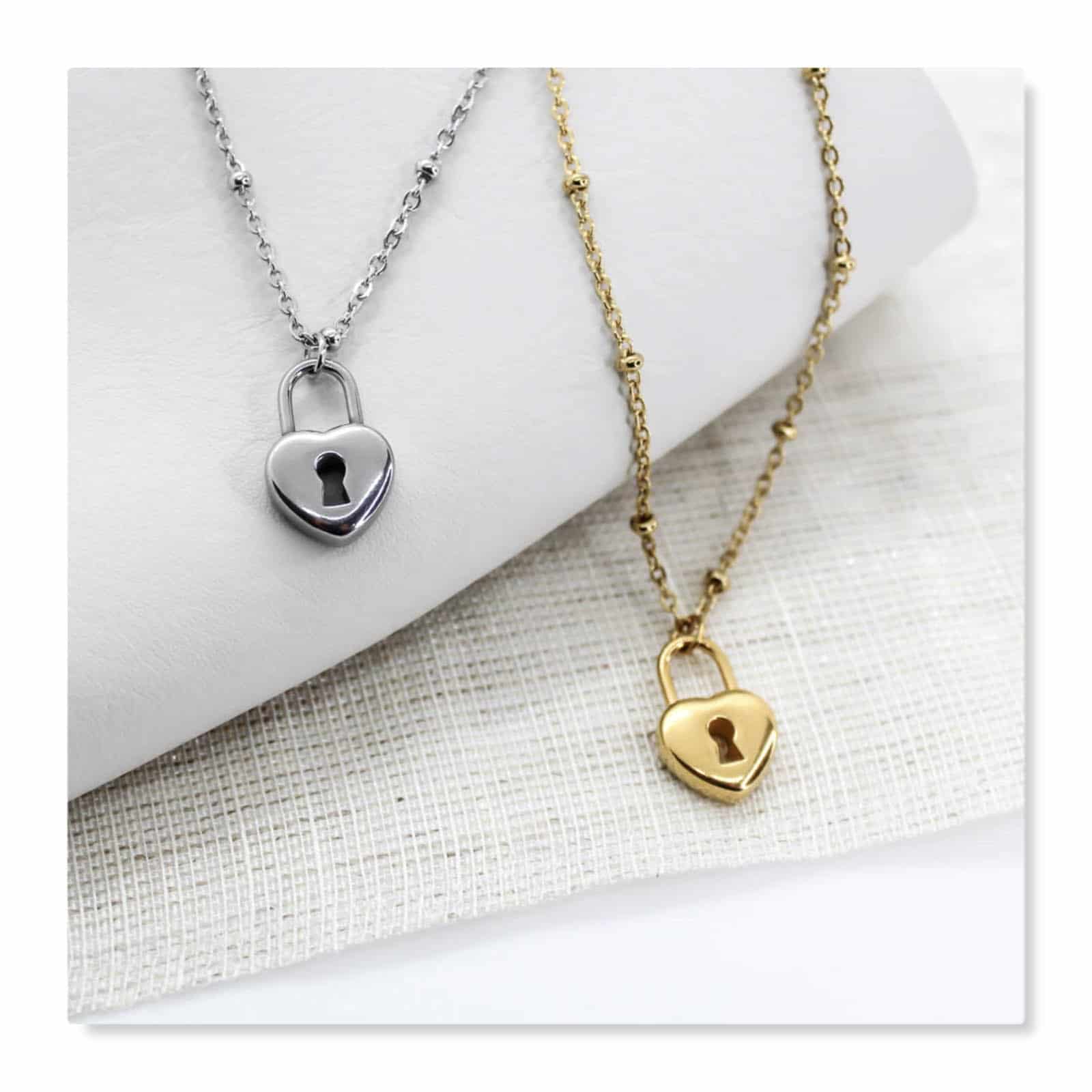 Collier doré argenté coeur cadenas