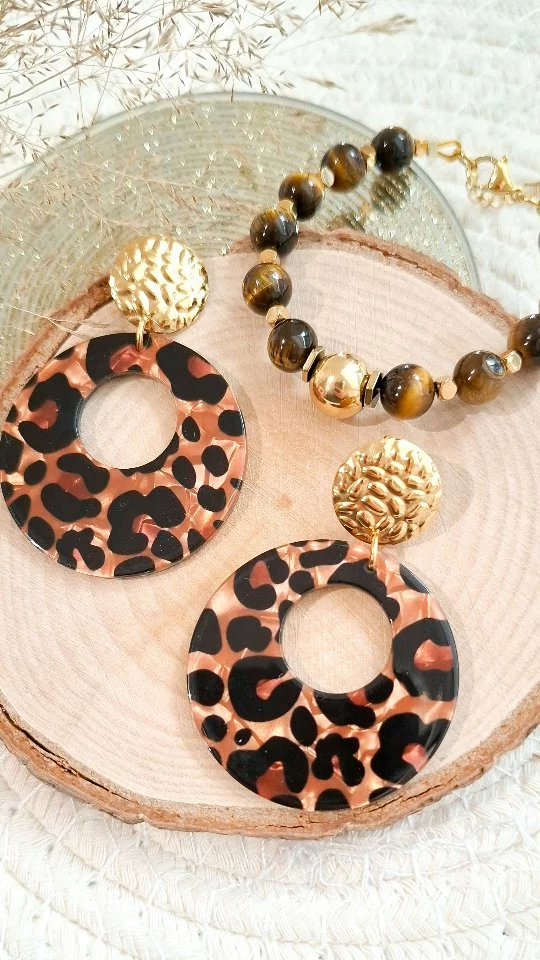 Boucles D'Oreilles Fantaisie Dorées Ovale - Imprimé Léopard - Puces Acier Inoxydable